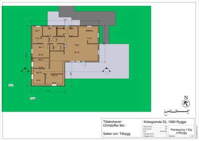 Etasjeplan (1. etasje) for en tilbygg til en eksisterende bygning, med romfordeling, arealer og dimensjoner.