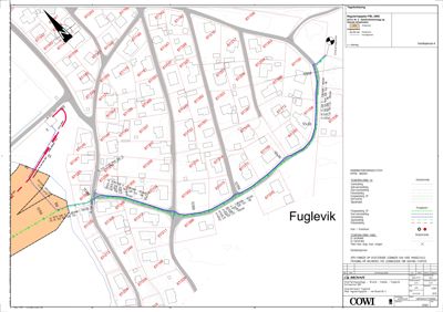 Situasjonsplan som viser eiendomsinndeling, vegnett, vannløp og prosjekteringslinjer i Fuglevik.