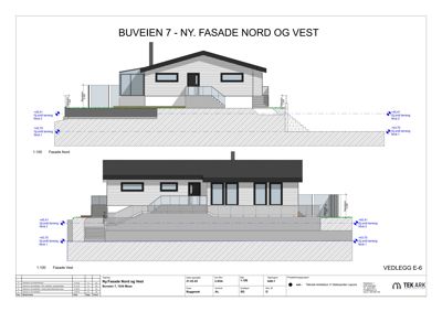 Fasadetegning som viser oppriss av bygningens nord- og vestsider med detaljer om terrassering, trapper og vinduer.