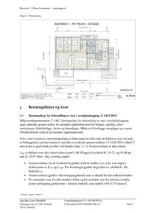 Etasjeplan (Plan 1) for en ny bygning på Bueveien 7, som viser romfordeling, fasader og dimensjoner.