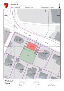 Situasjonsplan som viser tomtens plassering i forhold til nabolag, gater (Kransen, Rådhusgata) og nabotomter med arealnummer.