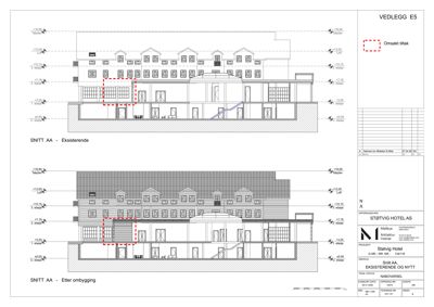 Snittegning (SNITT AA) som viser bygningens tverrsnitt før og etter ombygging, inkludert høydeangivelser og romfordeling.