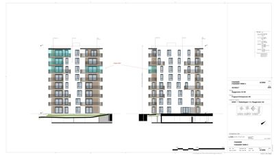 Fasadetegning som viser fronten på en fleretasjes bygning med balkonger og vinduer.