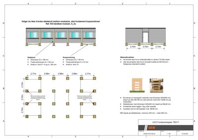 Tegning som viser detaljert konstruksjon av fundament og grunnmur, inkludert dimensjoner på trekkroder, materialkvaliteter og plassering av blokker.