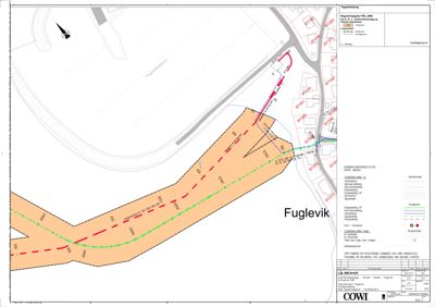 Kart over et område i Fuglevik som viser en planlagt veiutvidelse (Fuglevikstredet) med angitte høyder og grenser.