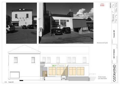 Fasadetegning som viser eksisterende og planlagt fasade (SØ) for Sky Fitness, inkludert dimensjoner og logo.