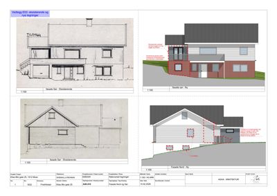Fasadetegninger som viser eksisterende og nye fasader for en bygning.