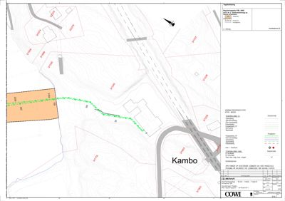 Situasjonsplan som viser topografi, eksisterende og planlagt infrastruktur (veier, stier) samt eiendomsinndeling i et område kalt 'Kambo'.