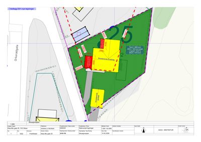 Situasjonsplan som viser tomtens grenser, bygningers plassering, arealer (BYA, MUA) og forhold til naboeiendommer.