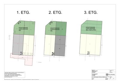 Plantegning som viser romfordeling og arealer for tre etasjer (1. ETG, 2. ETG, 3. ETG) i en bygning.