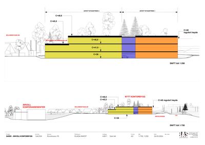 Snittegning (Snitt AA) som viser bygningens høydeprofil, volumer og relasjon til omgivelsene.