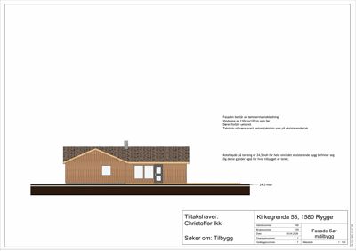 Fasadetegning som viser oppriss av bygningens front med detaljer om materialer (tømmermannsleiring, vinduer, takstein) og høyde (24,5 moh).