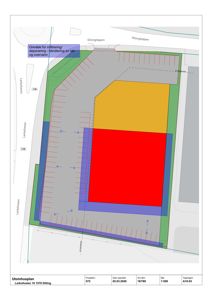 Situasjonsplan som viser tomtens grenser, veier (Larkollveien, Dillingtoppen), innretning med parkeringsplasser og soner for inntrengning/deponering.