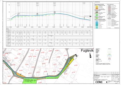 Situasjonsplan som viser tomtens beliggenhet i Fuglevik, nabotomter, vegforhold og planlagt inngangsparti med fargekodet terrengprofil.