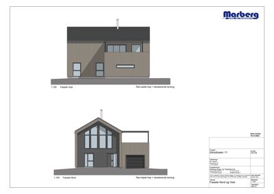 Fasadetegning som viser bygningens utseende fra nord og vest.