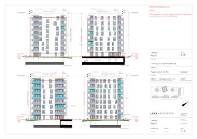 Fasadetegning som viser oppriss av bygning sett utenfra, med detaljer om vinduer, balkonger og materialvalg.