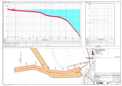 Situasjonsplan som viser terrengprofilering (høydemål) og plassering av en ny vei i forhold til eksisterende infrastruktur.
