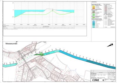 Situasjonsplan som viser bygningers plassering, veier og terrengforhold i Mossesundet.