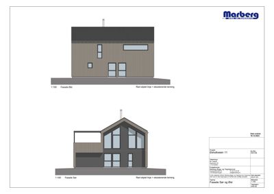 Fasadetegning som viser bygningens utseende fra øst og sør.