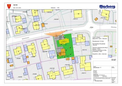Situasjonsplan som viser tomtens plassering i forhold til nabolaget, bygninger, veier og arealreguleringer.