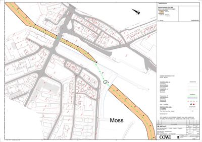Situasjonsplan som viser bygningers plassering i forhold til veier og tomtegrenser i Moss.