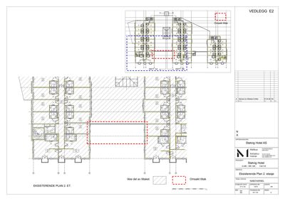 Etasjeplan (2. etasje) for Støtvig Hotel som viser romfordeling, vegger og områder for tiltak.