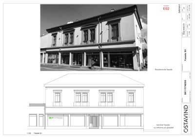 Bildet viser en tegning av en fasade (Fasade SV) med en eksisterende fasade-foto øverst og en tegnet fasade nederst.