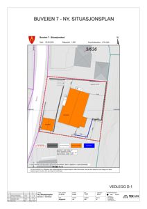 Situasjonsplan for nybygg på Buveien 7 med angitt tomtegrenser, eksisterende bebyggelse og bygningens plassering.