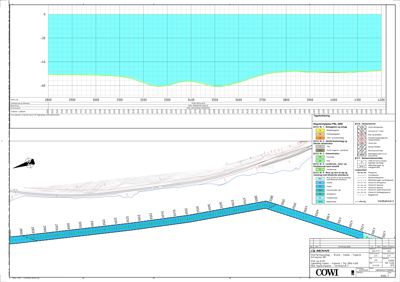 Snittegning som viser grunnvannsspeilet og grunnforholdene langs en profil.