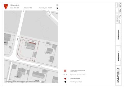 Situasjonsplan for Kirkegrenda 33 som viser tomt, nabolag, gater og planlagte endringer i fasade.