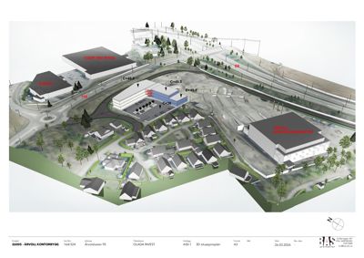 3D-situasjonsplan som viser bygningenes plassering, høyder (C+49.5, C+45.5, C+38), veier, parkering og omgivelsene for prosjektet 'ÅRVOLL KONTORBYGG'.