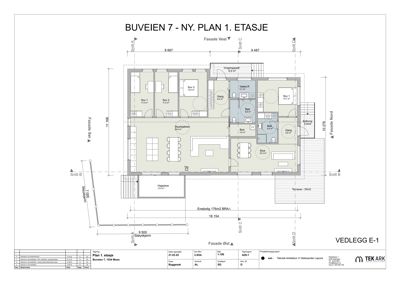 Etasjeplan (Plan 1) for en nybygget bolig på Buveien 7, som viser romfordeling, dimensjoner og fasader.