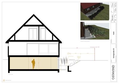 Snittegning av en bolig med oppriss av takform, vindusinnfall, grunnmur og terrengforhold. Inneholder også en illustrasjon av fasade og trapp.
