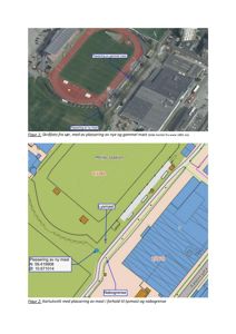 Bildet viser en kombinasjon av et skråfoto (Figur 1) og et kartutsnitt (Figur 2) som illustrerer plassering av en ny lysmast i forhold til eksisterende infrastruktur og nabogrenser.