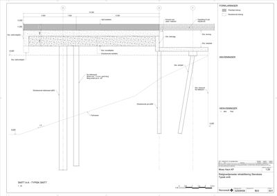 Snittegning (SNITT A-A) som viser tverrsnittet av en bygning med eksisterende og nytt fundament, samt nivåer og konstruksjoner.