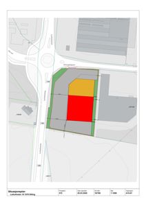 Situasjonsplan som viser tomtens plassering i forhold til Larkollenveien og Dillingtoppen, med angitte eiendomsnummer og arealoppdelinger.