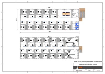 Etasjeplaner (Plan 1 og Plan 2) som viser romfordeling, møblering og funksjonsområder i et sykehusbygg.