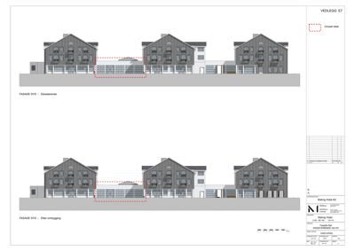 Fasadetegning som viser bygningens utseende sett fra syd, både eksisterende tilstand og planlagt ombygging.
