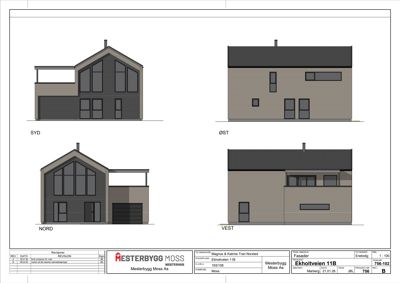 Fasadetegning som viser bygningens utseende fra fire sider (SYD, ØST, NORD, VEST).