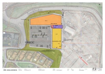 Situasjonsplan som viser tomtens beliggenhet, byggegrenser, parkeringsplasser og omgivelsene.