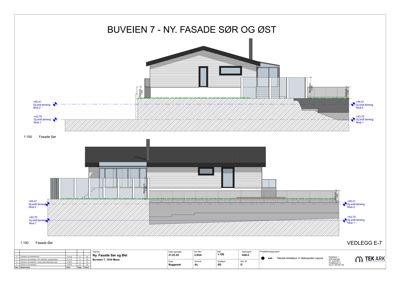 Tegning som viser oppriss av ny fasade for en bygning sett fra sør og øst, inkludert høydeangivelser og terrengforhold.