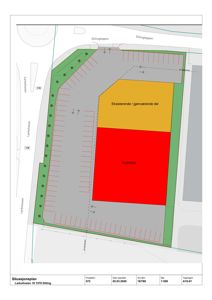 Situasjonsplan som viser tomtens grenser, nabolag (Larkollenveien, Dillingtoppen), eksisterende bebyggelse og planlagt tilbygg.
