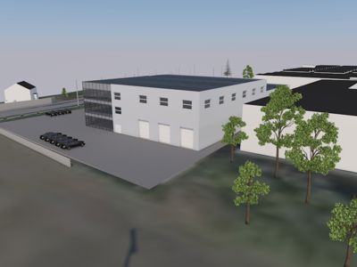 3D-visualisering av en industriell bygning med omgivende tomt, trær og parkeringsplass.