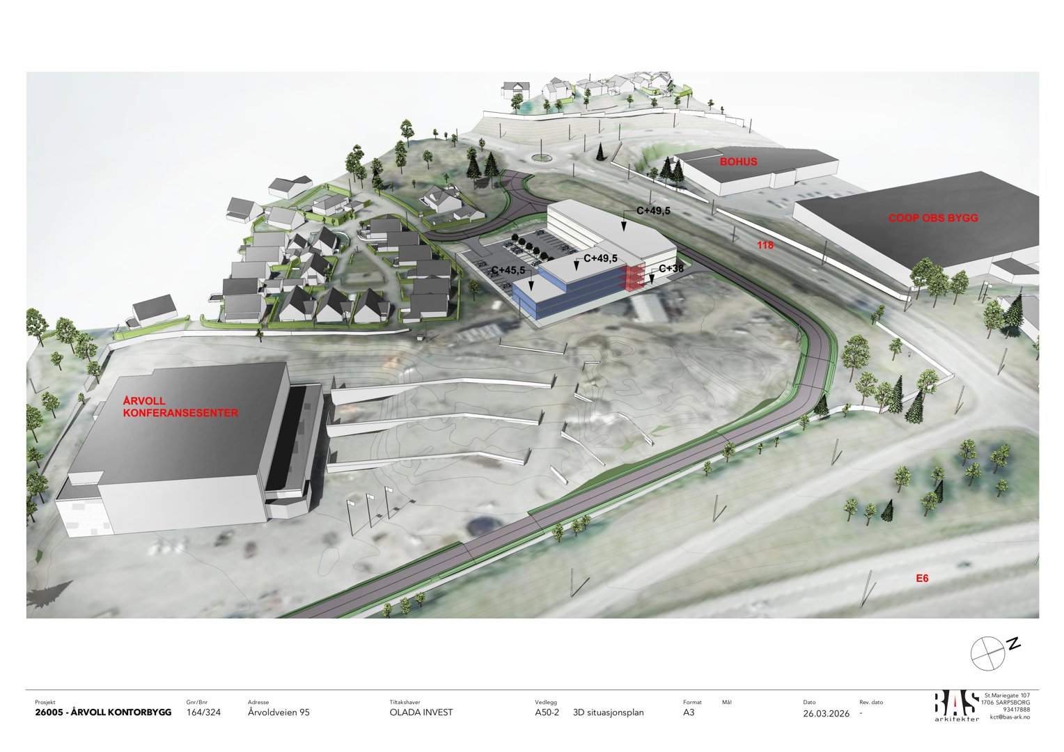 3D-visualisering (rendering) av et byggeprosjekt som viser plassering av nye bygg i forhold til eksisterende bebyggelse og infrastruktur.