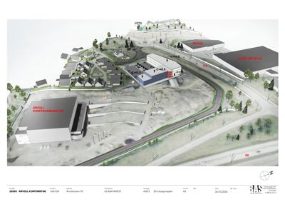 3D-visualisering (rendering) av et byggeprosjekt som viser plassering av nye bygg i forhold til eksisterende bebyggelse og infrastruktur.