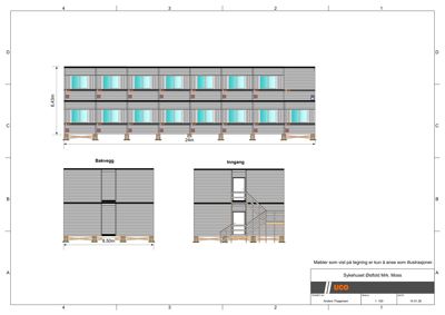 Fasadetegning som viser bygningens utseende fra bak og inngangssiden, inkludert vinduer, dører og trapp.