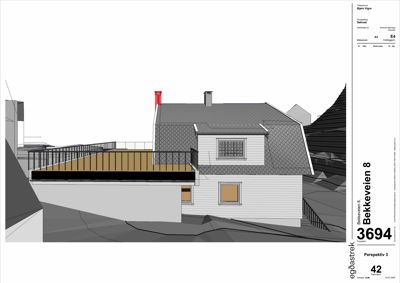 3D-visualisering av en bolig med en terrasse i forgrunnen.