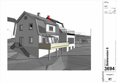 3D-visualisering (perspektivtegning) av et hus med tilhørende uteglede og trapp.