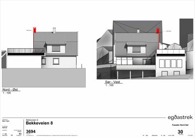 Fasadetegning som viser bygningens utseende sett fra Nord-Øst og Sør-Vest.