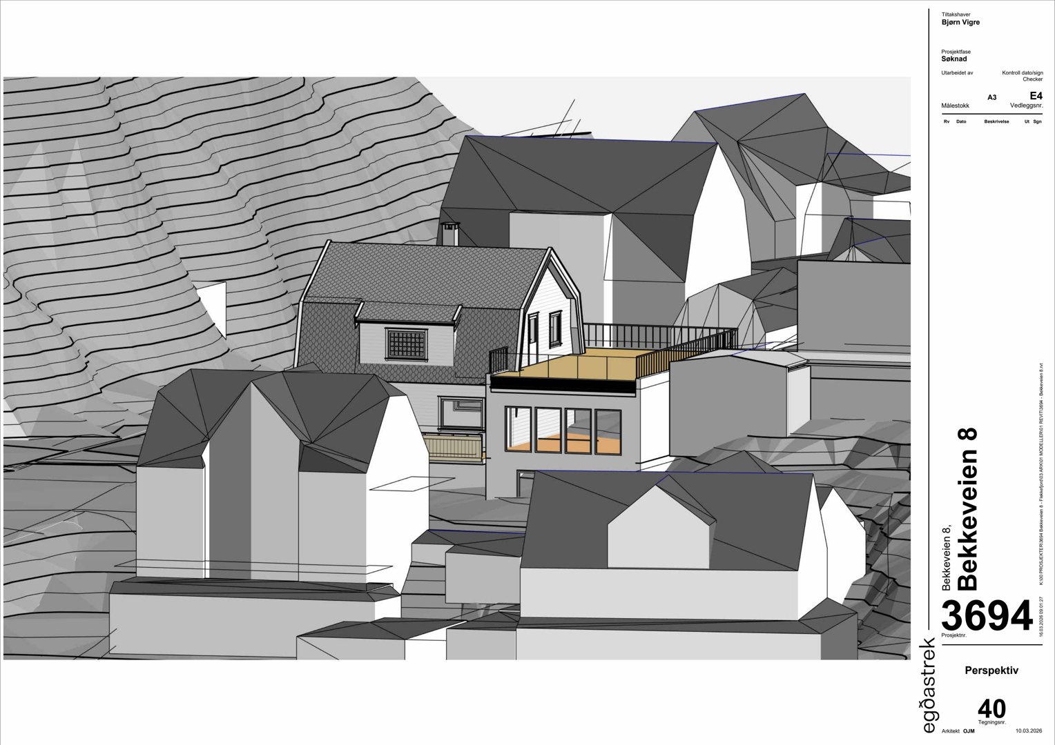 3D-perspektivtegning av et boligområde med flere hus og terrengform.